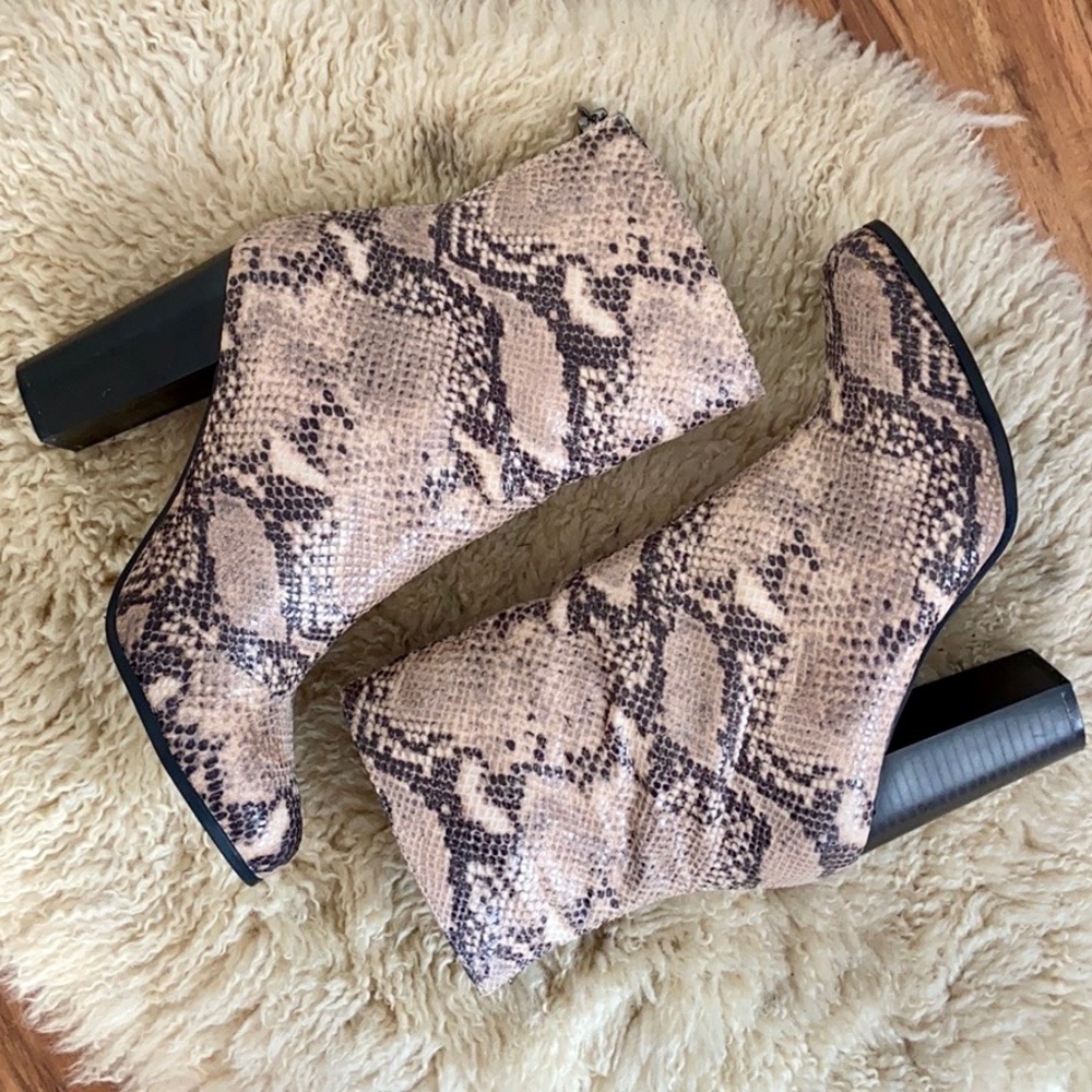 Snakeskin Stacked Heel Vegan Ankle Boots